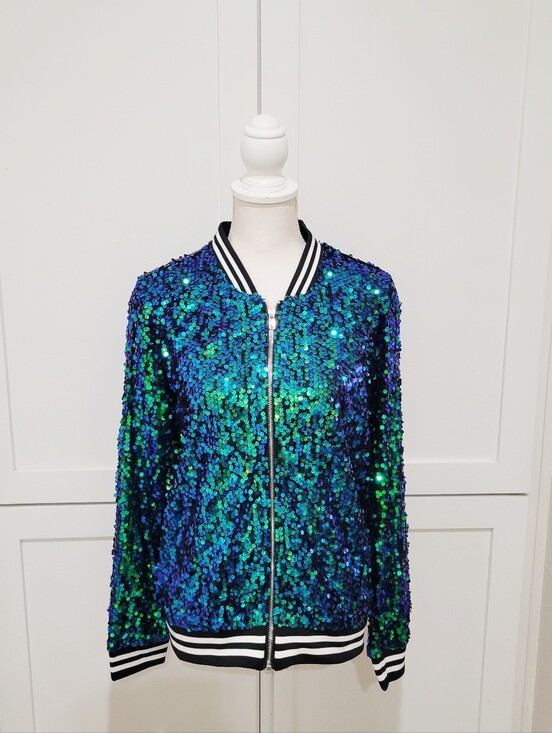 Yutuwomfushi Jackets & Blazers - Blue/Green Sequined Zip Front Bomber Jacket | Size Large